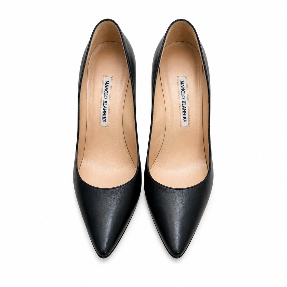 Manolo Blahnik BB Black Leather Pumps Pointed Toe Heels Size 7 Italy